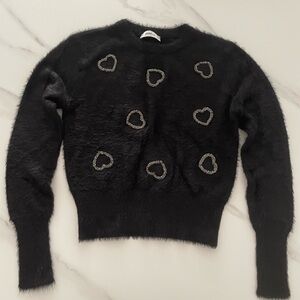 Zara Black Fuzzy Sweater with Embroidered Hearts
